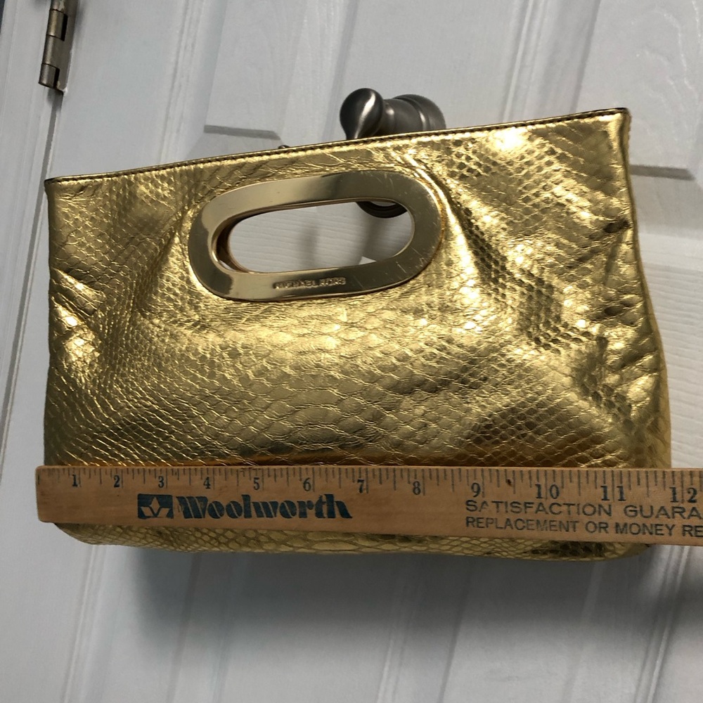 Michael Kors Berkeley Metallic Gold Leather Snakeskin Print Clutch Bag - Picture 10 of 12